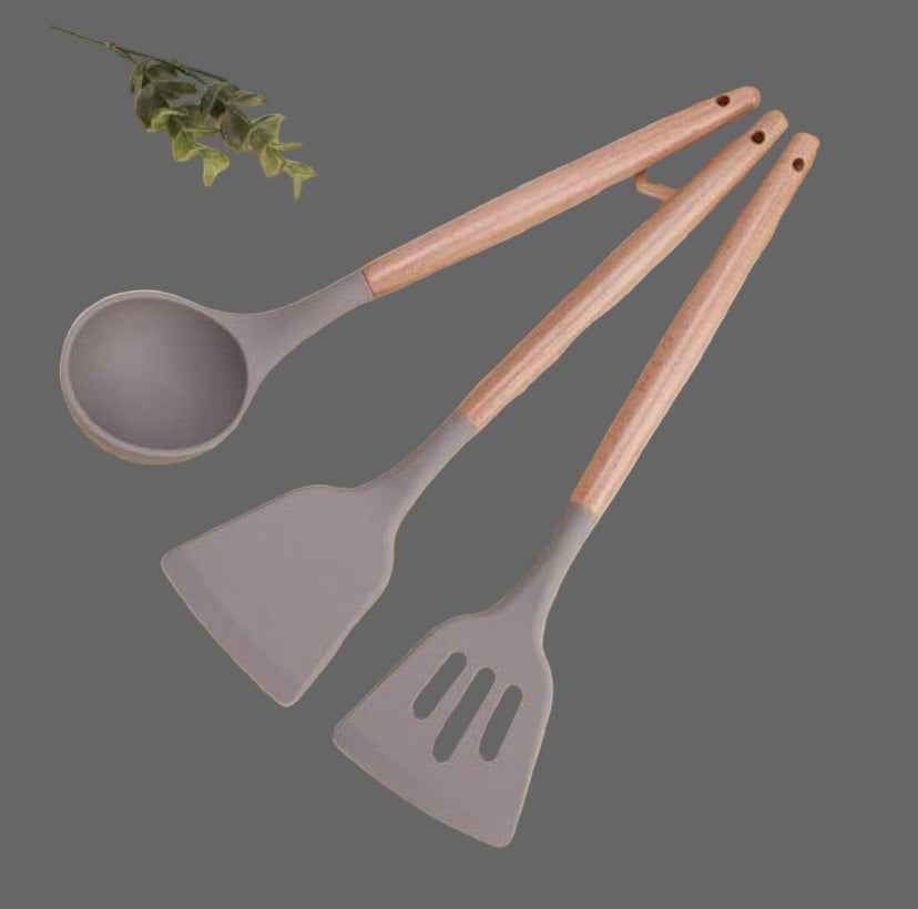 The Culinary House Spatula Set of 3 – Heat Resistant, Non-Stick, BPA-Free, Flexible Cooking Utensils with Wooden Handle for Baking, Mixing, and Stirring – Kitchen Tools (Grey)